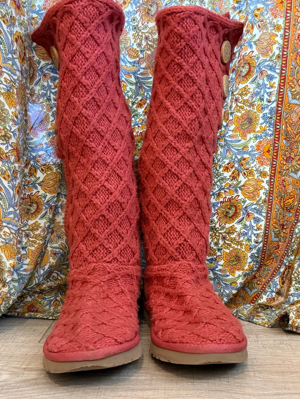 UGG Classic Cardy Lattice Knit Boots Coral Red shade is a limited, highly sought